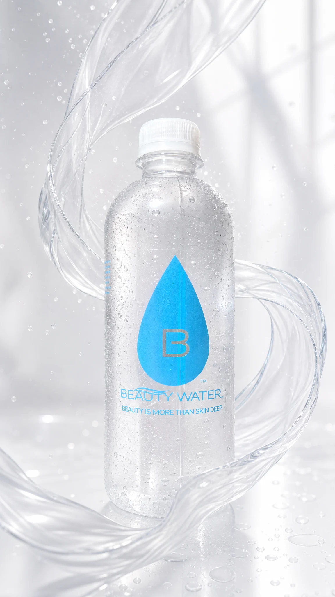 Beauty Water bottle, bright and dewy, wrapped in clear ribbons of water